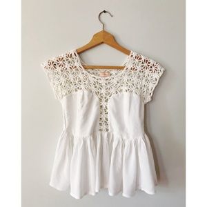 LF White Crocheted Peplum Top